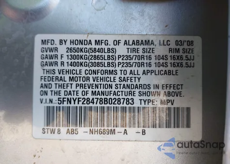 2008 Honda Pilot Ex z USA, uszkodzony, nr VIN 5FNYF28478B028783
